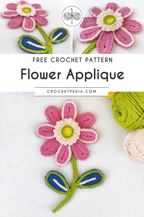 crochet flower applique Applique Crochet Patterns, Crochet Flower Applique, Flower Applique Patterns, Crochet Small Flower, Crochet Puff Flower, Crochet Applique Patterns Free, Crochet Butterfly Pattern, Crochet Leaf Patterns, Crochet Flowers Easy