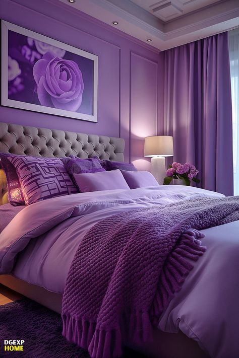 The image captures a modern bedroom with a gentle lavender color scheme. Key features include a comfortably tufted headboard and matching throw blankets, which emphasize comfort and relaxation. The large purple rose artwork enhances the romantic and tranquil feel of the room. Bedroom Colors Purple, Purple Themed Bedroom, Purple Bedroom Design, Cozy Decor Ideas, Lavender Bedroom, Purple Bedroom Decor, Rose Bedroom, Rose Artwork, Purple Home Decor