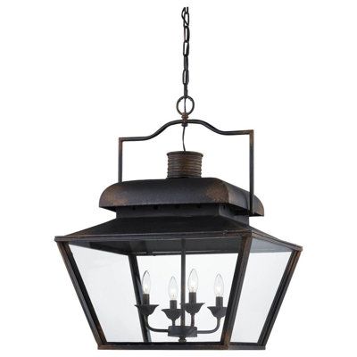 Need an oversized fixture? Look no further because this beauty is 31 inches high and 24 inches wide. A rustic lantern design in a black finish and light distressing. | Rosalind Wheeler Asomatos 4 - Light Geometric Pendant 31.0 H x 24.0 W x 24.0 D in black / gray / whiteMetal | 31" H X 24" W X 24" D | Wayfair Hanging Porch Lights, Lantern Light Fixture, Geometric Lantern, Iron Pendant Light, Lantern Pendant Lighting, Rustic Lanterns, Large Lanterns, Lantern Chandelier, Farmhouse Pendant Lighting