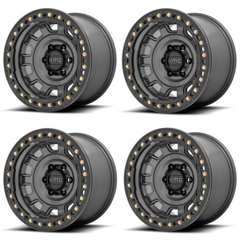 Set 4 17" KMC KM236 Tank Beadlock 17x9 Anthracite 5x5 Wheels -38mm Rims For Jeep Candy Red, Black Ring, Jeep Gladiator, Automotive Parts, Crew Cab, Truck Parts, Jeep, Car Detailing, Wheel