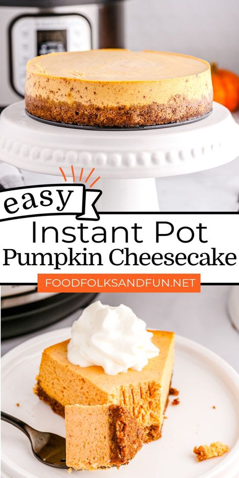 This Instant Pot Pumpkin Cheesecake is a fall, Thanksgiving, and Christmas classic. The cheesecake bakes up beautifully every time. For more instant pot recipes follow Food Folks and Fun! Easy Pumpkin Recipes Desserts, Easy Pumpkin Bars, Instant Pot Pumpkin, Pumpkin Cravings, Desserts With Few Ingredients, Pumpkin Bundt Cake, Pumpkin Cheesecake Recipes, Instant Pot Recipe, Pumpkin Recipes Dessert