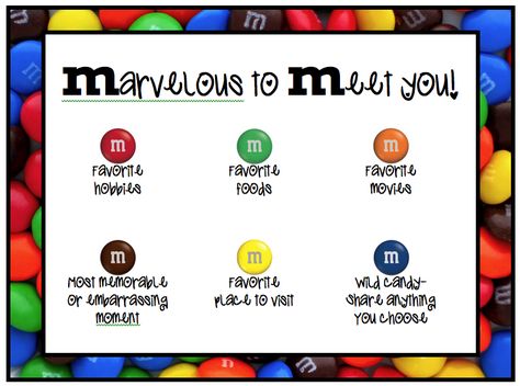 This is a great way for first grade students to learn more about their classmates. Each student will pick a different color M&M and share the following answer to the question they pick. This activity addresses personal assets because students are sharing information that interests them. It could also share cultural assets if they share that their specific food is specific to a particular culture. Ice Breaker Games For Adults, Get To Know You Activities, Abc Games, Youth Group Games, Ice Breaker Games, Ice Breaker, Games For Teens, Team Building Activities, Ice Breakers