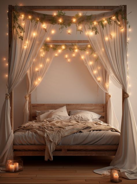 Cottage Core Bedroom, String Lights In The Bedroom, Canopy Bedroom, Fairy Lights Bedroom, Creative Bedroom, التصميم الخارجي للمنزل, Dream Room Inspiration, Canopy Bed, Room Inspiration Bedroom