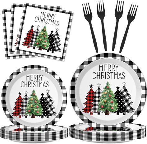 PRICES MAY VARY. Package includes:Buffalo plaid Xmas tree tableware sets include 24 9-inch plates, 24 7-inch plates, 24 forks, 24 double-layer napkins. Simple and elegant, this tableware set can serve 24 people to enjoy a perfect meal. Perfect size: The size of the plates are 22.86CM ×22.86CM(9”), small plates are 17.78CM × 17.78CM(7”), double layer napkins size are 33CM × 33CM(11”), capable of accommodating various delicacies to meet the needs of everyone at holiday parties. Quality materials: Plaid Decorations, Christmas Theme Party, Plaid Party, Christmas Paper Plates, Buffalo Plaid Decor, Buffalo Plaid Christmas Tree, Plaid Christmas Decor, Christmas Food Gifts, Plaid Decor