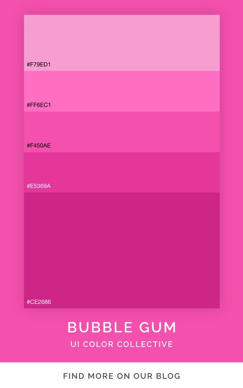 Pink color palette inspiration that comes from bubble gum. Use in marketing design and graphic design projects. Created by the UI color collective. Barbiecore Graphic Design, All Pink Decor, Pink Monochrome Color Palette, Bubble Gum Pink Color Palette, Bubble Gum Color Palette, Shades Of Pink Color Palettes, Colours That Go With Pink, Pink Branding Design, Pink Colors Shades