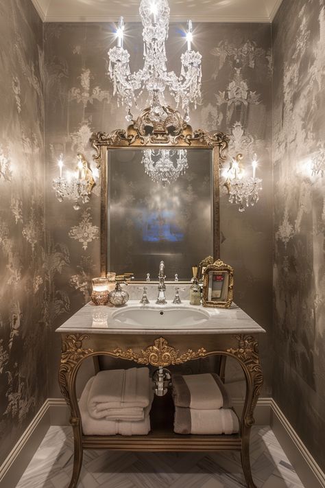 Elevate Your Bathroom: Luxurious Vanity Designs with Gold and Marble Accents Boujee Master Bath, Opulent Bathroom, Bathroom Vanity Area, Whimsical Coffee Table, Vintage Glam Bathroom, Luxurious Vanity, Bathroom Luxurious, Beautiful Powder Rooms, Folded Towels