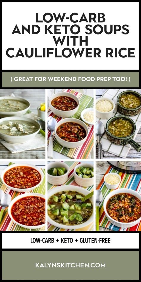 Pinterest image collage for Low-Carb and Keto Soups with Cauliflower Rice showing photos of 6 different prepared soups ready to serve. Rice Soups, Soup Sunday, Ketosis Diet Recipes, Keto Soups, Low Carb Soup Recipes, Lemon Soup, Lo Carb Recipes, Clean Eating Salads, Weekend Food