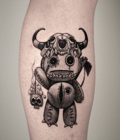 Cartoon Style Tattoos, Doll Tattoo Ideas, Creepy Tattoo Designs, Horror Tattoo Design, Voodoo Doll Tattoo, Forearm Cover Up Tattoos, Voodoo Tattoo, Tattoos Cool, Monster Tattoo