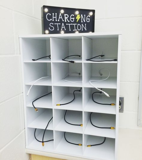 Classroom management, cell phone charging station                                                                                                                                                                                 More Charging Station Ideas, Teachers Lounge Makeover, Charging Station Organizer, Cell Phone Charging Station, Staff Lounge, Phone Charging Station, Teachers Lounge, Staff Room, Youth Room