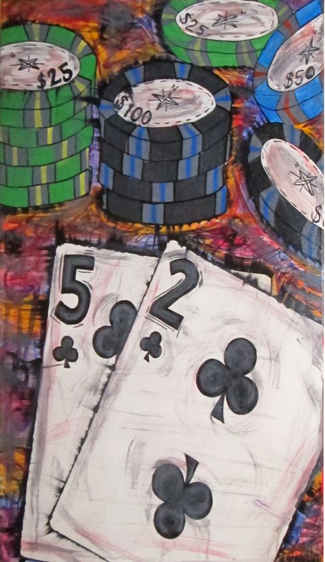 "Deuce Five" Poker Painting Gambling Art Painting, Poker Table Painting, Vegas Painting Ideas, Poker Card Painting, Board Game Painting, Poker Painting Ideas, Gambling Painting, Poker Artwork, Casino Painting