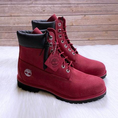 New In Box- Timberland Men’s Premium 6 Inch Waterproof Dark Red Nubuck Leather Boots With Padded Collars, Seam-Sealed Construction, Rustproof Hardware, 400g Insulation And Rubber Lug Outsoles.