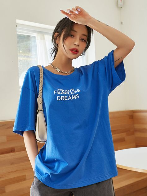 Blue Casual  Half Sleeve Cotton Letter  Embellished Slight Stretch Summer Women Tops, Blouses & Tee Tomboy Fashion Summer, Blue Tee Outfit, Blue Tshirt Outfit, Paint Tshirt, Oversized Tee Outfit, Aesthetic Wardrobe, Color Aesthetic, Drop Shoulder Tee, Aesthetic Shirts