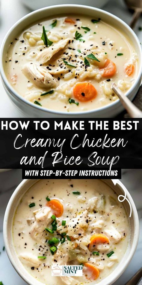 Creamy chicken and rice soup made in 30 minutes. Enjoy a homemade soup with tender chicken and hearty vegetables. Perfect for a cozy dinner. Hearty Chicken And Rice Soup, Creamy Chicken Bacon Rice Soup, Weight Watchers Creamy Chicken Soup, Best Chicken And Rice Soup Recipe, Crockpot Creamy Chicken Rice Soup, Creamy Chicken Rice Soup Recipes, Creamy Chicken And Rice Soup Recipes, Chicken Mushroom And Rice Soup, Cream Of Chicken Rice Soup Recipes