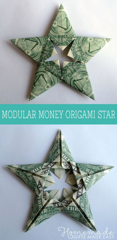 Modular Money Origami Star from 5 Bills - How to Fold Step by Step Star Money Origami, Fold Money For Gifts, Oragami Money Easy, Ornament Homemade, Money Star, Lei Tutorial, Easy Money Origami, Money Folding, Gift Origami