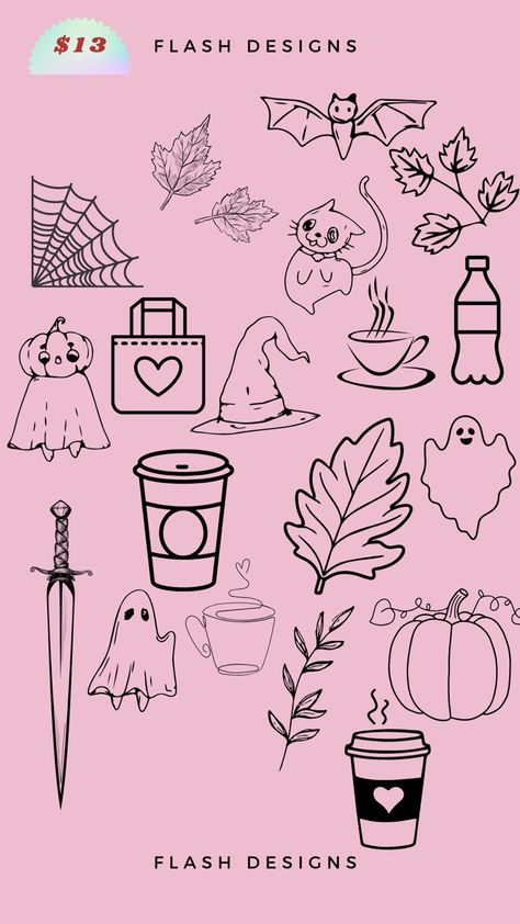 Fine line Halloween/fall season inspired designed flash sheet tattoos at $13 October Flash Sheet, Fall Tattoo Flash Sheet, Halloween Tiny Tattoo, Simple Fine Line Tattoo Ideas, Fall Flash Tattoo, Small Fall Tattoos, Halloween Tattoo Ideas Simple, Friday The 13th Flash, Fall Tattoo