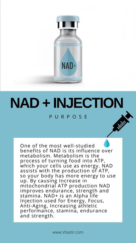 NAD+ injection is here at VITAstir! Book your Vitamin injection at VITAstir to boost your energy - call us or email info@vitastir.com for details Meyers Cocktail Iv Therapy, Nad Vitamins, Iv Hydration Quotes, Nad Iv Therapy, Peptides Injection, Nad Injections, Nad Infusion, Iv Hydration Business, Nad Therapy