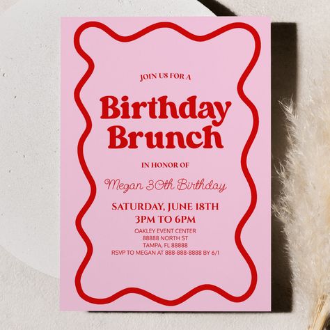 This is a Pink Red Retro Wavy Border Birthday Brunch Party Invitation! Aesthetic Brunch Party, Brunch Pink Theme, Pink Red Invitation, Pink Red Party Decorations, Brunch Birthday Party Invitation, Pink Red Birthday Party, 25 Birthday Invitations, Birthday Brunch Aesthetic, Brunch Party Invitations