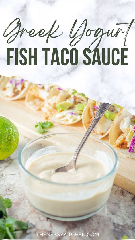 Fresh and creamy with a bit of a kick, this Greek yogurt fish taco sauce is the perfect topping for fish or shrimp tacos and more! Ready in less than 5 minutes, it is made with wholesome, simple ingredients and is packed full of flavor. Best Sauce For Fish Tacos, Greek Yogurt Fish Taco Sauce, Healthy Fish Taco Sauce, Greek Yogurt Taco Sauce, Low Calorie Fish Tacos, Fish Taco Coleslaw Recipe, Fried Fish Sauce, Fish Burrito, Shrimp Taco Sauce