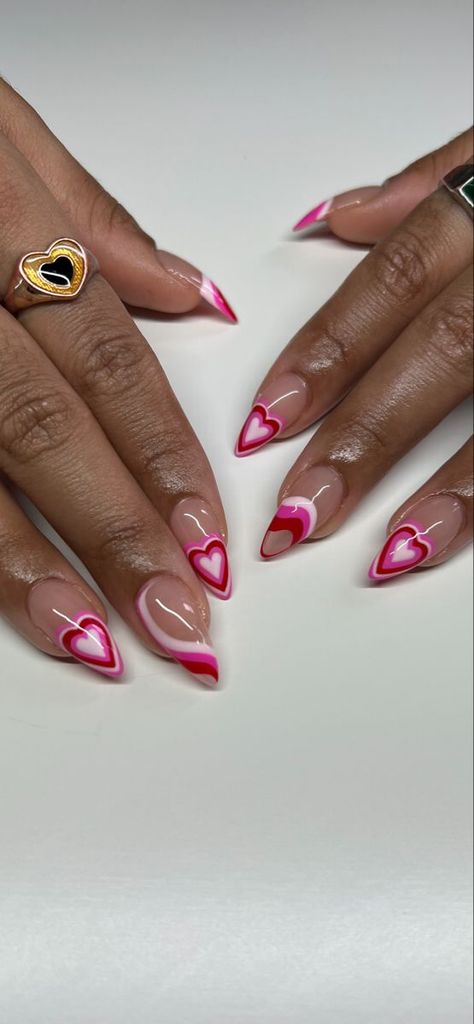 Valentine Nails Pink, Vday Nails, Heart Nail Designs, Valentine Nail Art, February Nails, Red Valentine, Nail Designs Valentines, Colorful Nails, Almond Nails Designs