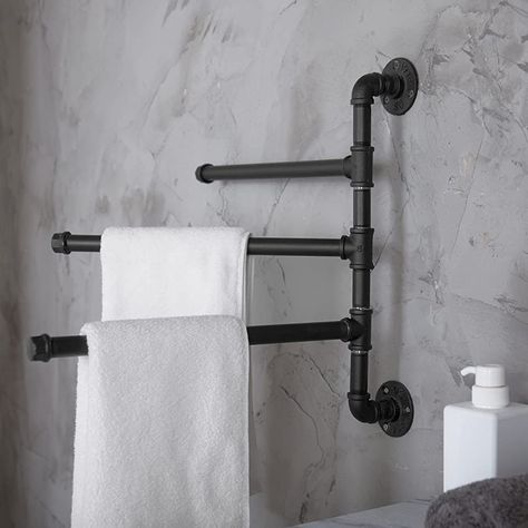 Masculine Bathroom Decor, Pipe Towel Rack, Pipe Towel Bar, Toallero Ideas, Masculine Bathroom, Towel Organization, Bar Rack, Industrial Bathroom, Towel Holder Bathroom