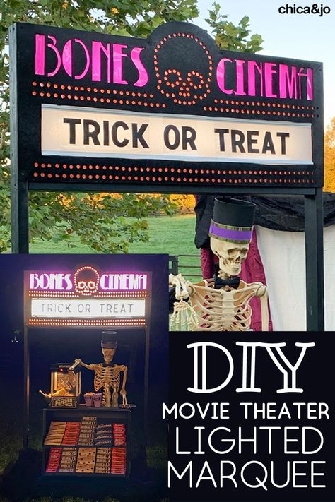 Halloween Marquee Sign, Halloween Movie Theater Decorations, Haunted Movie Theater Party, How To Make A Marquee Sign, Outdoor Movie Theater Ideas, Movie Theatre Trunk Or Treat, Diy Cinema Sign, Old Fashioned Movie Theater, Fancy Movie Theater