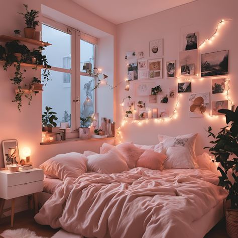 Bedroom inspo Asthmatic Bedroom Ideas, Pink Bedroom With Plants, Simple Bedroom Ideas For Small Rooms For Couples, Summer Bedroom Inspo, Pink Small Bedroom Ideas, Aesthetic Bedroom Ideas Cozy, Light Pink Bedroom Aesthetic, Bedroom Ideas For Small Rooms Cozy, Couple Room