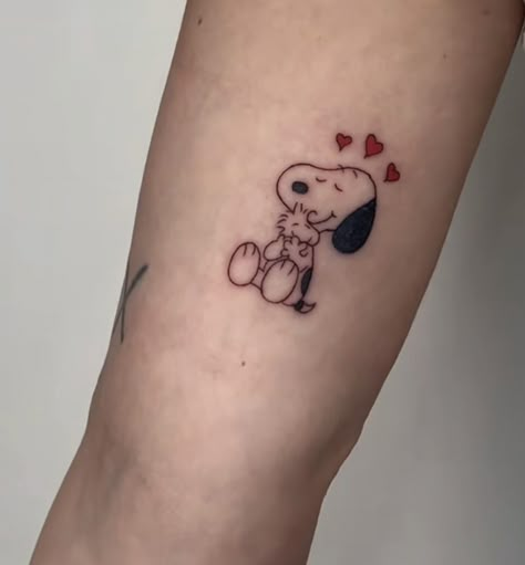 Matching Snoopy Tattoos, Snoopy Woodstock Tattoo, Snoopy And Woodstock Tattoo, Snoopy Tattoo Ideas, Woodstock Tattoo, Train Tattoo, Animal Tattoos For Women, Roman Tattoo, Inspiring Quote Tattoos