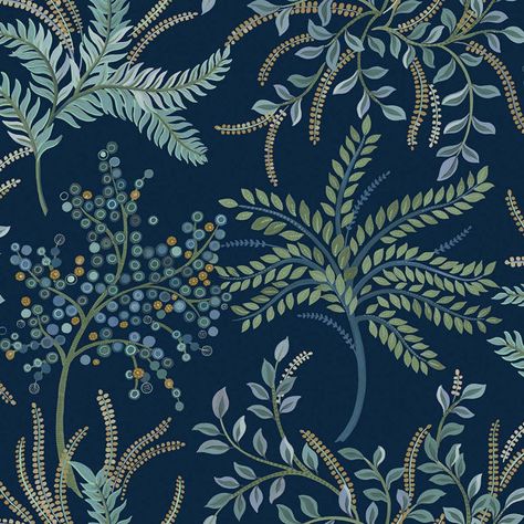 Navy And Aqua Wallpaper, Navy Powder Room Wallpaper, Navy And Green Decor, Navy And Green Wallpaper, Small Bathroom Dark Wallpaper, Blue Powder Room Wallpaper, Navy Blue And Green Living Room, Botanical Wallpaper Bathroom, Navy Blue And Green Bedroom