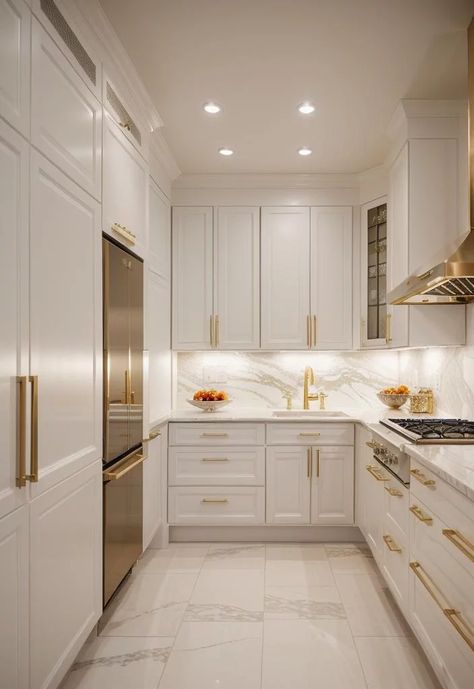 27 Breathtaking White Kitchen Cabinets: Ideas to Brighten Your Space with Timeless Elegance 6 Kitchen Cabinet Color Ideas With White Tile Floors, White And Gold Shaker Kitchen, Kitchen Ideas Gold And White, Elegant Apartment Kitchen, Kitchen Ideas White And Gold, White And Gold Kitchen Cabinets, Kitchen Design White And Gold, White And Golden Kitchen, White Gold Kitchen Ideas