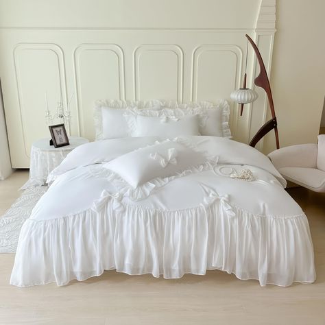 PRICES MAY VARY. Package including :1*Twin of duvet cover:168 x 229cm/68" x 90",1*queen of pillowcase: 51 x 66cm/20" x 26".NO including Comforter. Material:100% Soft Brushed Microfiber,the raw material handled by special process.Breathable, Comfortable, skin-friendly! Design:Beautiful ruffle style duvet cover that will add an elegant, chic and modern look to your room. Bowknot design on the edge of duvet cover and pillowcases, charming appeal to your bedroom décor. Ties&Zip:The shabby chic duvet White Coquette Room, French Room Decor, Twin Aesthetic, Aesthetic Comforter, White Ruffle Bedding, Ruffled Duvet, Shabby Chic Duvet, French Princess, Ruffle Comforter