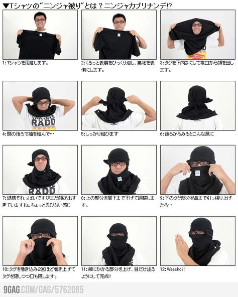 How to turn your t-shirt into a ninja mask. XD not something i would do but haha, i guess if you're totally desperate? Masks Kids, Arab Scarf, Ninja Mask, The Mask Costume, Ninjago Birthday, Ninja Birthday, Tactical Clothing, Diy Mask, Diy Halloween Costumes