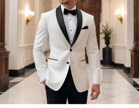 Ivory And Black Tuxedo Wedding, Groom Attire Black And White, Groom Suit Black And White, White And Black Wedding Suit, White Tux For Groom, White And Black Tuxedo Wedding, White Tuxedo For Men Wedding, White Tux Groom, Marriage Suit