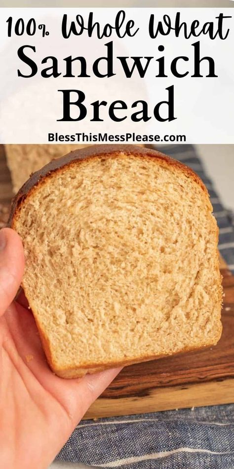 This 100% Whole Wheat Bread is quite literally perfect. Thanks to a few special ingredients, this bread is pillowy soft and delicious. #bread #baking #wholewheat White Flour Bread Recipe, Wheat Flour Bread Recipe, Soft Sandwich Bread Recipe, Bread Machine Wheat Bread Recipe, Wheat Sandwich Bread, Homemade Whole Wheat Bread, 100 Whole Wheat Bread, Homemade Sandwich Bread, Sandwich Bread Recipe