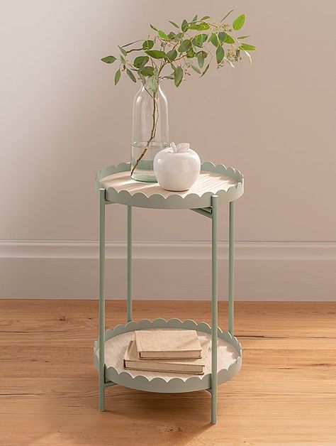 Nancy Mayer, Small Side Table Decor, Nursery Side Table, Elegant Cottagecore, Small Metal Table, Green Bedroom Furniture, Penthouse Living, Side Table Decor, Small Bedside Table