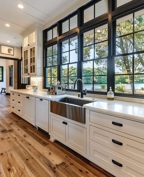 Open Windows Kitchen, Big Windows Kitchen Ideas, 3 Windows Above Kitchen Sink, Kitchen Sink Overlooking Backyard, Large Window In Kitchen Over Sink, Modern Farmhouse Big Windows, Kitchen With Sink By Window, Garage Kitchen Window, Large Sink Window