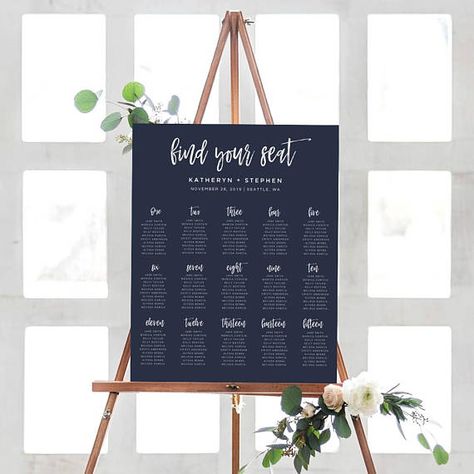 Wedding Seating Chart Template Seating Chart Poster Seating Wedding Seating Chart Alphabetical, Blue Navy Wedding, Seating Chart Modern, Wedding Seating Chart Table, Seating Chart Alphabetical, Wedding Table Seating Chart, Plan Table, Wedding Initials, Reception Seating