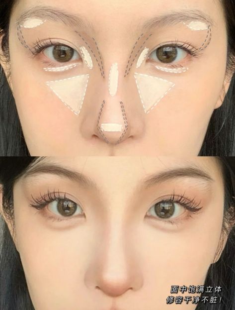 Douyin Makeup Tutorial Contour, S Line Nose Ulzzang, Gyaru Make Up Tutorial, Sharp Nose Contour, Almond Nails Douyin, Concealer Placement Korean, Douyin Nose Contour, Asian Makeup Tutorials Step By Step, Ulzzang Make Up