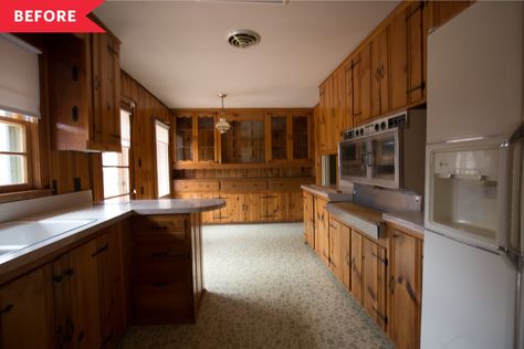 We have before and after photos of the entire house. Update Knotty Pine Cabinets, Pine Kitchen Cabinets Makeover, Pine Cabinets Kitchen, 1980 House, Knotty Pine Kitchen Cabinets, Wooden Wall Paneling, Smelly Carpet, Knotty Pine Cabinets, Knotty Pine Kitchen