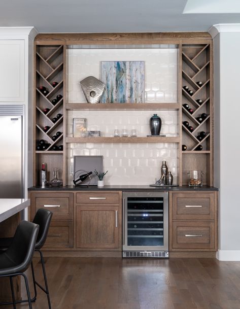 Traditions - Kirkendall Design Dry Bar With Wine Storage, Kitchen Servery Ideas, Wine Shelving Ideas, Wine Storage Built In, Wine Bar Home Ideas, Bar Insert In Wall, Closet To Dry Bar, Buffet With Beverage Fridge, Built In Wine Storage Kitchen