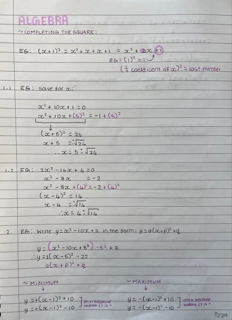 Completing the square practice Math Notes Ideas Middle School, Completing The Square Notes, Math Revision Notes, Freshman Math Notes, Algebra One Notes, Sat Notes Aesthetic, Math Homework Notes, Freshman Notes, Homework Snap