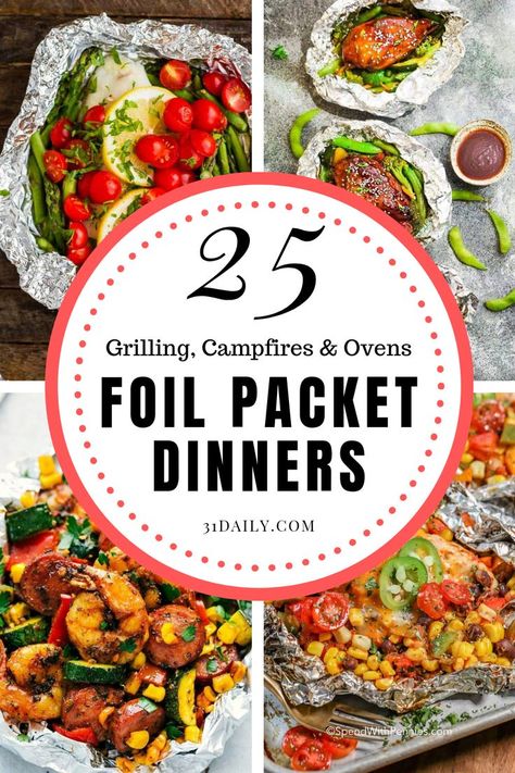 Nothing says delicious quite like foil packet dinners. Juicy, tender... and fun! Perfect for tailgating, picnics, grilling, campfires and even oven baking. 25 Foil Packet Dinners for Grilling, Campfires, and the Oven | 31Daily.com #foil #foilpacket #foilpacketdinners #camping #grilling #bbq #31Daily #easyrecipes #dinner Oven Foil Packets, Steak Foil Packets, Hobo Meals, Tin Foil Dinners, Salmon Foil Packets, Campfire Dinners, Hobo Dinners, Chicken Foil Packets, Foil Pack Dinners