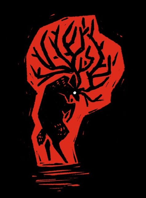 Cave Art Art, Creepy Illustration Art, Creepy Deer Aesthetic, Red Deer Drawing, Creepy Linocut, Maggot Illustration, Black Shuck Art, Huntercore Aesthetic, Not Deer Cryptid Art