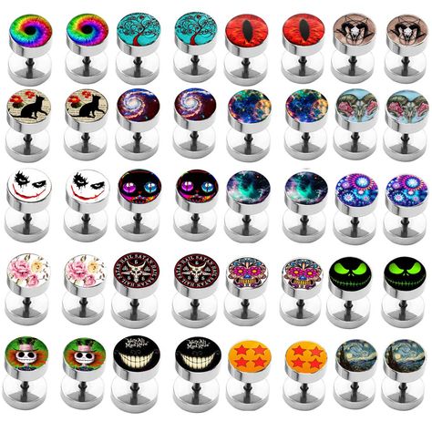 PRICES MAY VARY. Stainless steel + fake ear plug plain stud earring, hyoallergenic Stem Gauge/dia:16G/1.2mm,stem length:6mm,logo size:8mm Qty:14 pairs=28 pcs/opp bags (14 different styles mixed) we have more than 50 different logos style here ,we will choose 14 diffferent style for you by random because we have more tha 50 different logo style here ,but each style all very pretty Total 28 patterns of cheaters plugs barbell expander, suitable for men/women wearing Due to different producing batch Tiny Gauges, Tunnel Piercing, Screw Earrings, Tapers And Plugs, Logo Style, Black Clothing, Ear Plugs, Body Piercing Jewelry, Fashion Logo