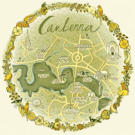 Handmade illustrated map of Canberra, Capital City of Australia showing famous tourist places. Yellow Aesthetics, Cartography Art, Illustration City, Captain James Cook, Illustrated Maps, Canberra Australia, Procreate Illustration, Map Illustration, Art Procreate