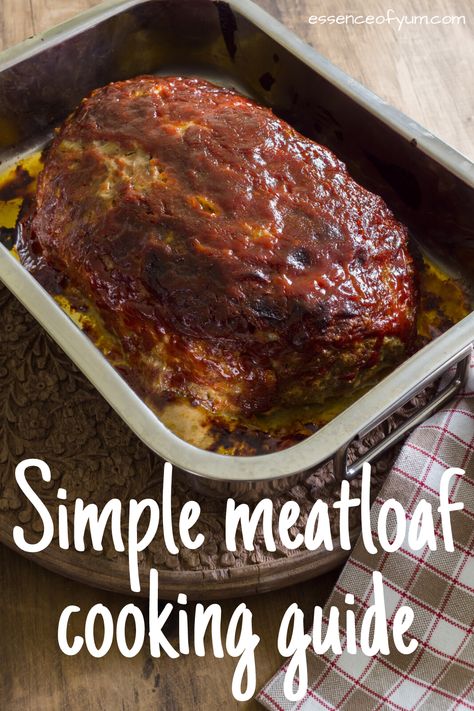 A cooked freeform meatloaf in a baking pan with the text simple meatloaf cooking guide. Meatloaf Temp, Meatloaf Temperature, Meatloaf Oven, Meatloaf Cook Time, Ground Beef Meatloaf, Baked Meatloaf, Spaghetti With Ground Beef, Beef Meatloaf, Homemade Meatloaf