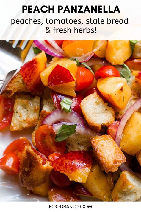 This peach panzanella salad recipe is a great way to use up leftover bread! It is such a delicious dessert to use fresh peaches in. It's a delicious and easy summer recipe using peaches and tomatoes. Peach Recipes Savory, Bowl Of Peaches, Bruschetta Recipes, Panzanella Salad Recipe, Panzanella Salad, Red Onion Salad, Peach Salad, Leftover Bread, Bread Salad