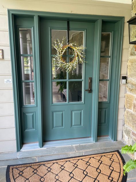 Green Front Door With Sidelights, Green Entry Door, Front Door With One Sidelight, Green Front Door Colors, Mint Green Door, Front Door Green, Front Door Sidelights, Painted Exterior Doors, Green Front Door