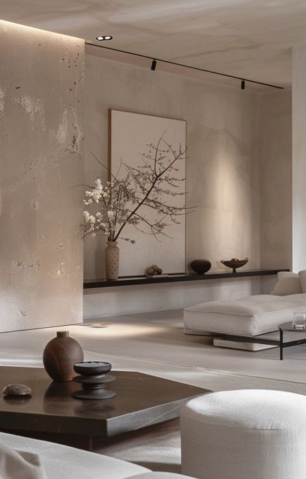 Déco minimaliste : Les codes et les matières pour toutes les pièces Japandi And Wabi Sabi, Wabi Sabi Foyer, Salon Wabi Sabi, Wabi Sabi Fireplace, Wabi Sabi Living Room Interior Design, Modern Japandi Living Room, Cuisine Japandi, Modern Zen Interior, Wabi Sabi Interior Living Rooms