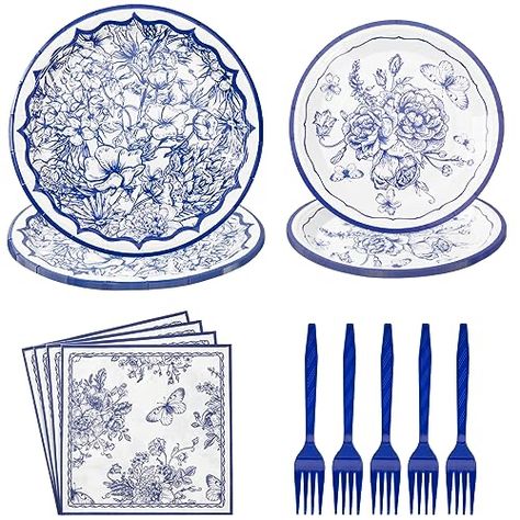 Floral Birthday Party Decorations, Blue Willow Decor, White Paper Plates, Floral Paper Plates, Vintage Graduation, Floral Birthday Party, Birthday Party Set, Tea Party Decorations, Flower Paper