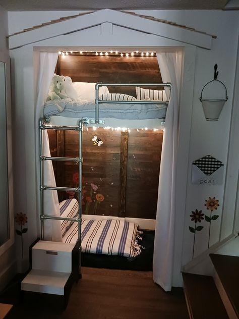 Loft Bed In Closet, Staircase Playroom, Bed Coming Out Of Closet, Closet Loft Bed, Closet Playhouse, Loft Bed Stairs, Kids Nook, Kids Rooms Shared, Boys Shared Bedroom